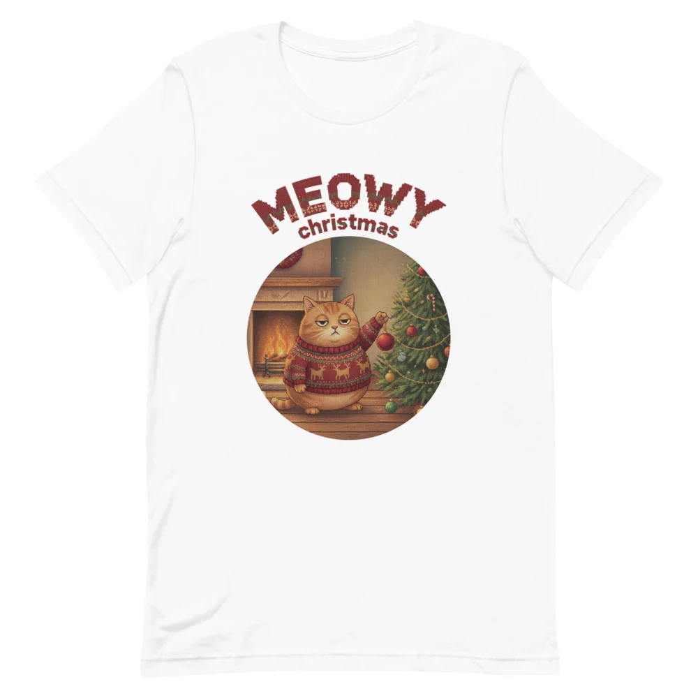 Meowy Christmas Ugly Christmas Tee, Pure White flat