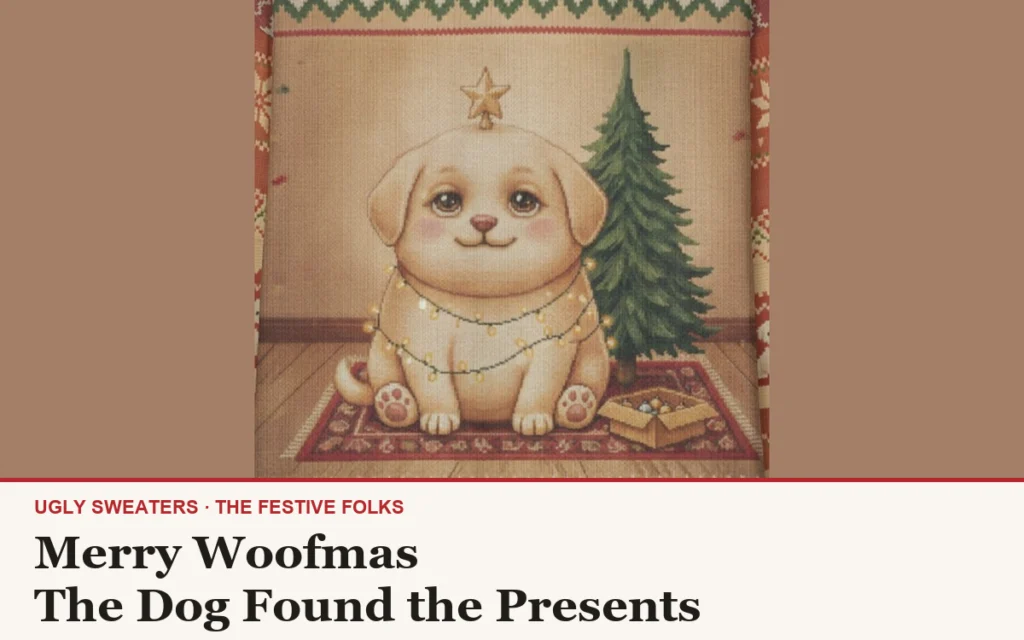 The Merry Woofmas character design, a big-eyed puppy sitting under the tree wearing a string of Christmas lights