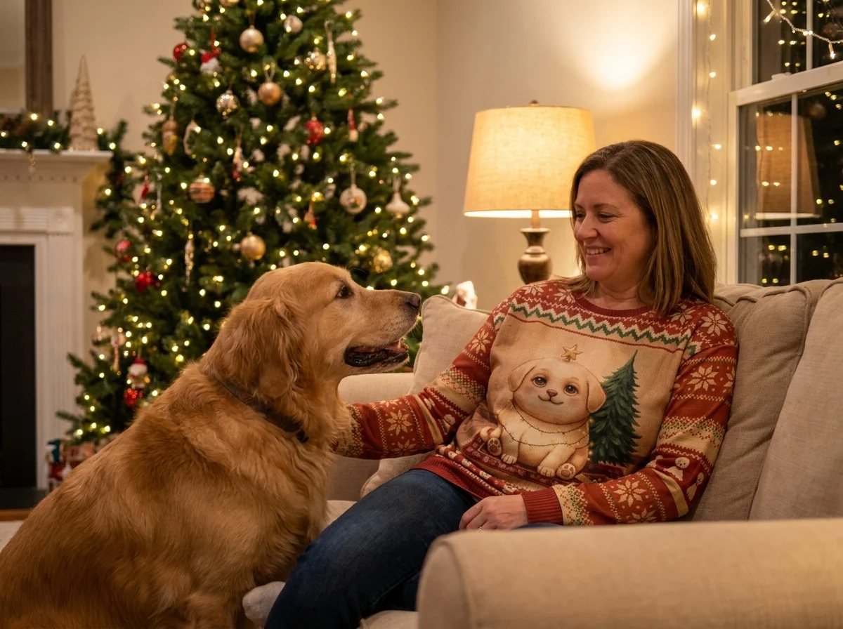 A person on a sofa with a golden retriever, wearing the Merry Woofmas all-over-print Christmas sweatshirt