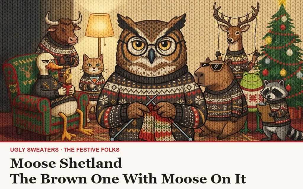 The Festive Folks cast, all wearing the Moose Shetland knitted Christmas sweater, in a warm lamplit living room