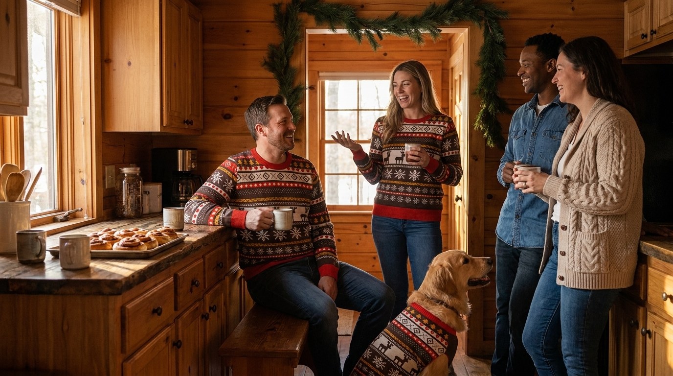 Friends in a cabin kitchen wearing the Moose Shetland knitted Christmas sweater, with a dog in the matching knitted pet sweater