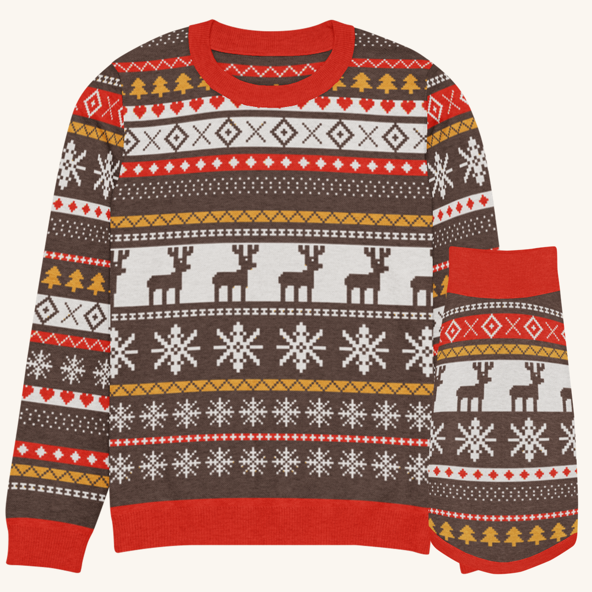 The Moose Shetland you and your dog matching set, the human knitted sweater beside the matching knitted pet sweater