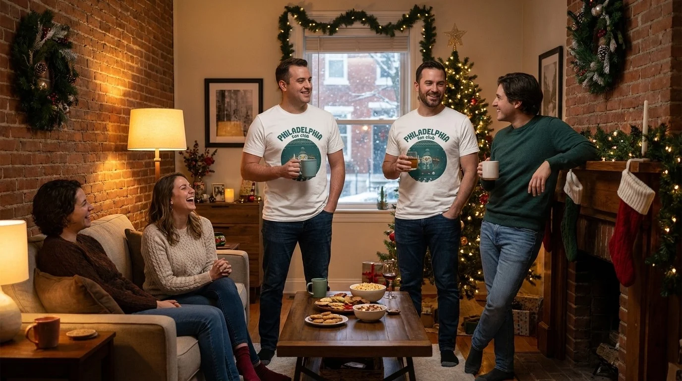 Friends in a row house living room at Christmas, two of them wearing the Philadelphia Fan tee with the crest on the front