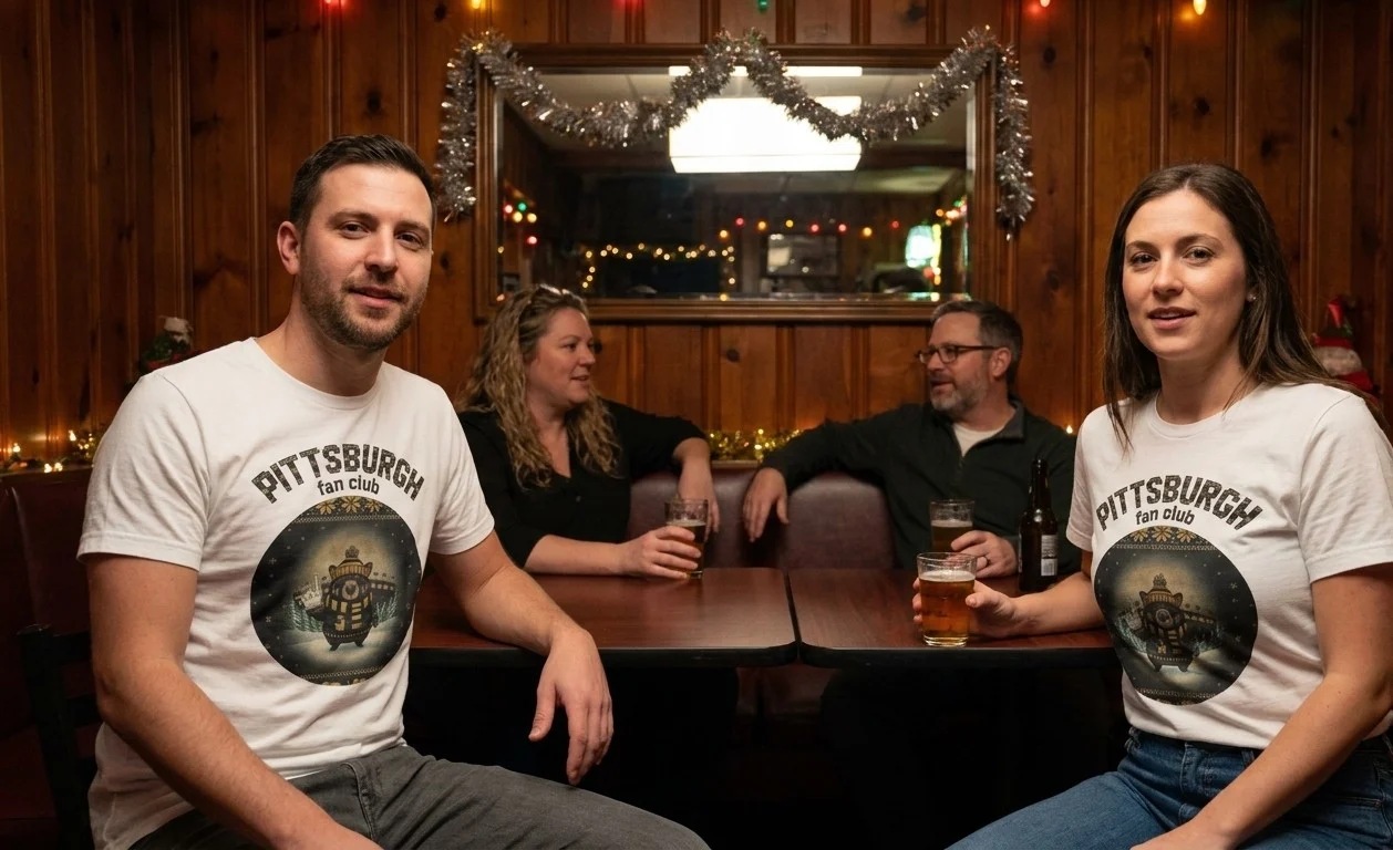 Friends at a neighbourhood bar at Christmas, two of them wearing the Pittsburgh Fan tee with the crest on the front