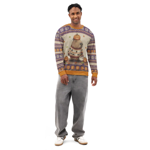 Pumpkin Spice Capybara all-over-print sweatshirt on a model, front view