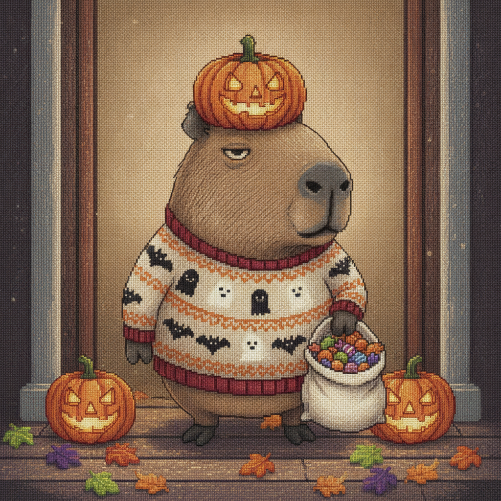 Pumpkin Spice Capybara Halloween ugly sweater character art: a deadpan capybara wearing a carved pumpkin as a hat and a cream ghost-and-bat sweater, holding a bag of candy between two jack-o-lanterns on a leaf-strewn step