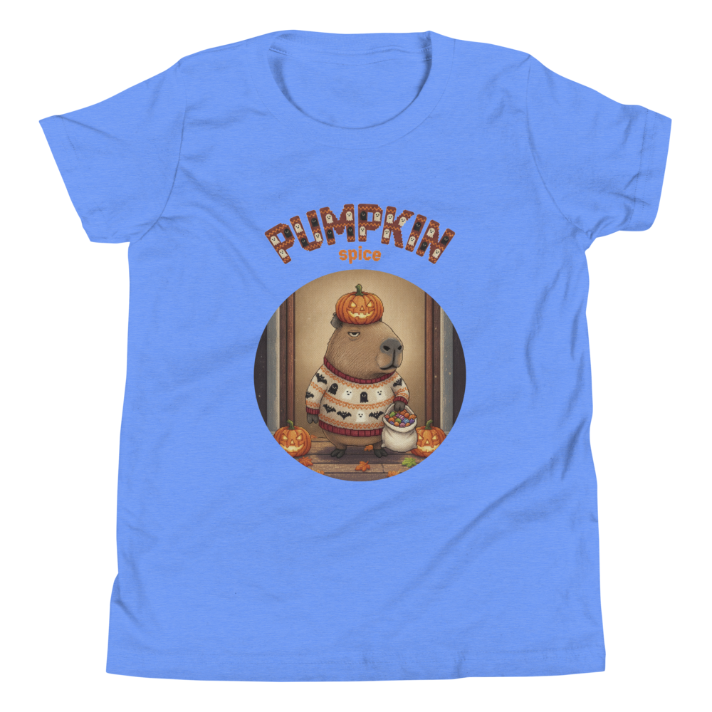 Pumpkin Spice Capybara Kids' Halloween Ugly Tee — Blue flat