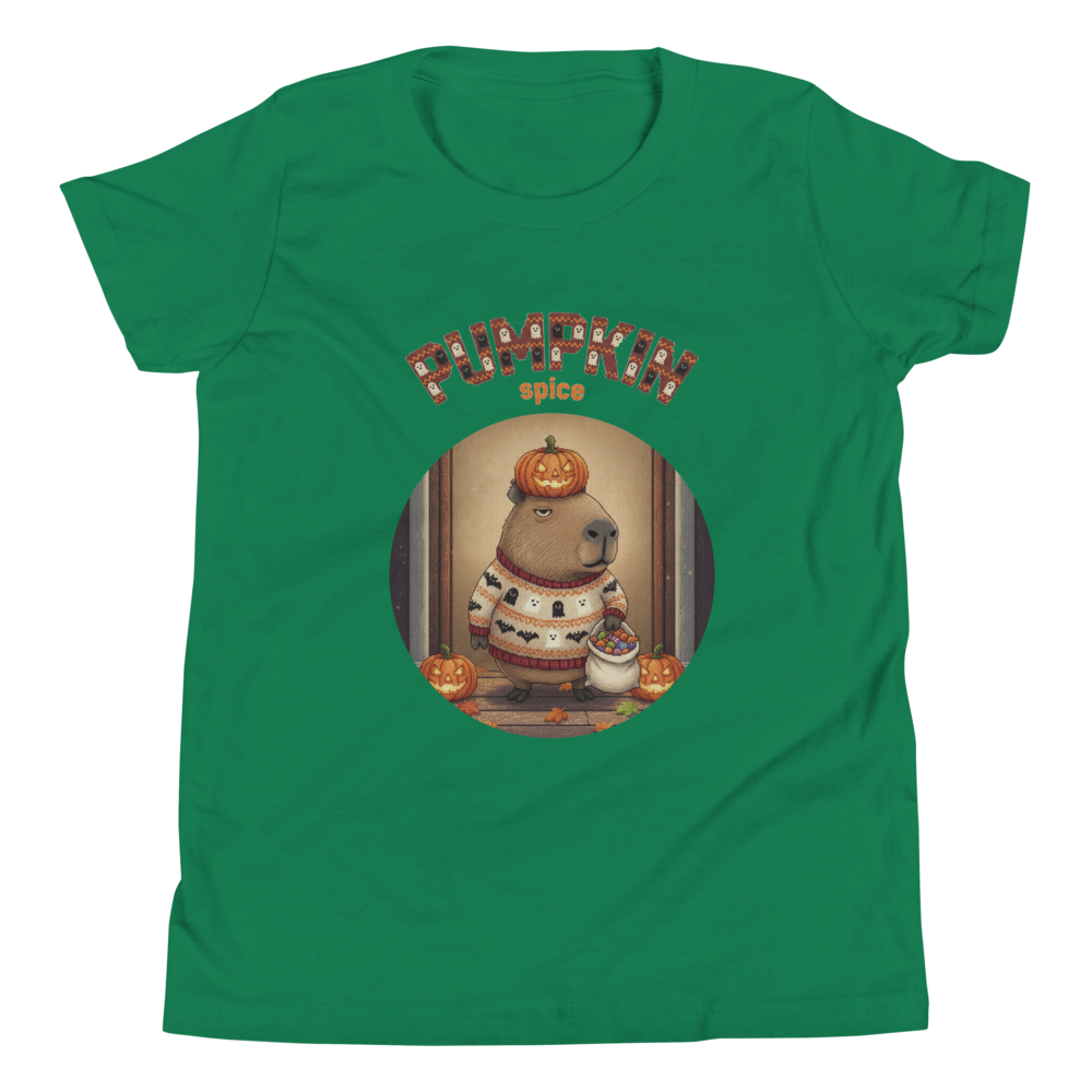 Pumpkin Spice Capybara Kids' Halloween Ugly Tee — Green flat