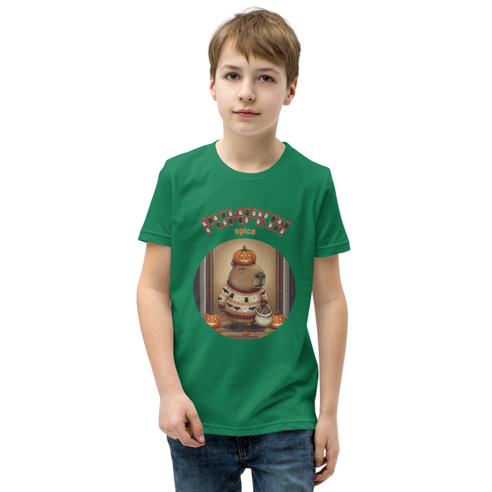 Pumpkin Spice Capybara Kids' Halloween Ugly Tee — Green model