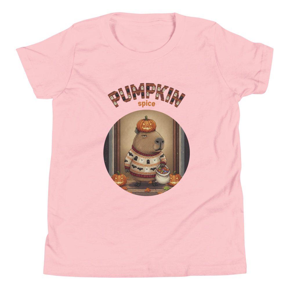 Pumpkin Spice Capybara Kids' Halloween Ugly Tee — Light Pink flat