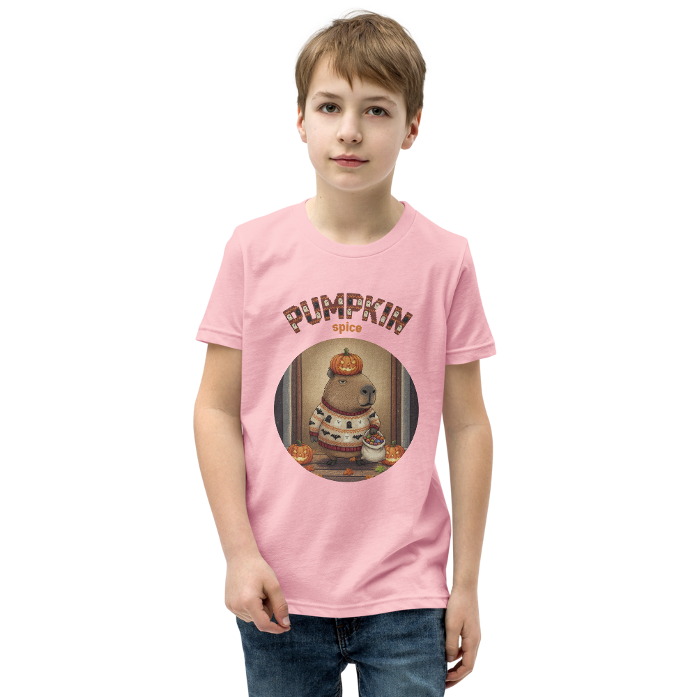 Pumpkin Spice Capybara Kids' Halloween Ugly Tee — Light Pink model