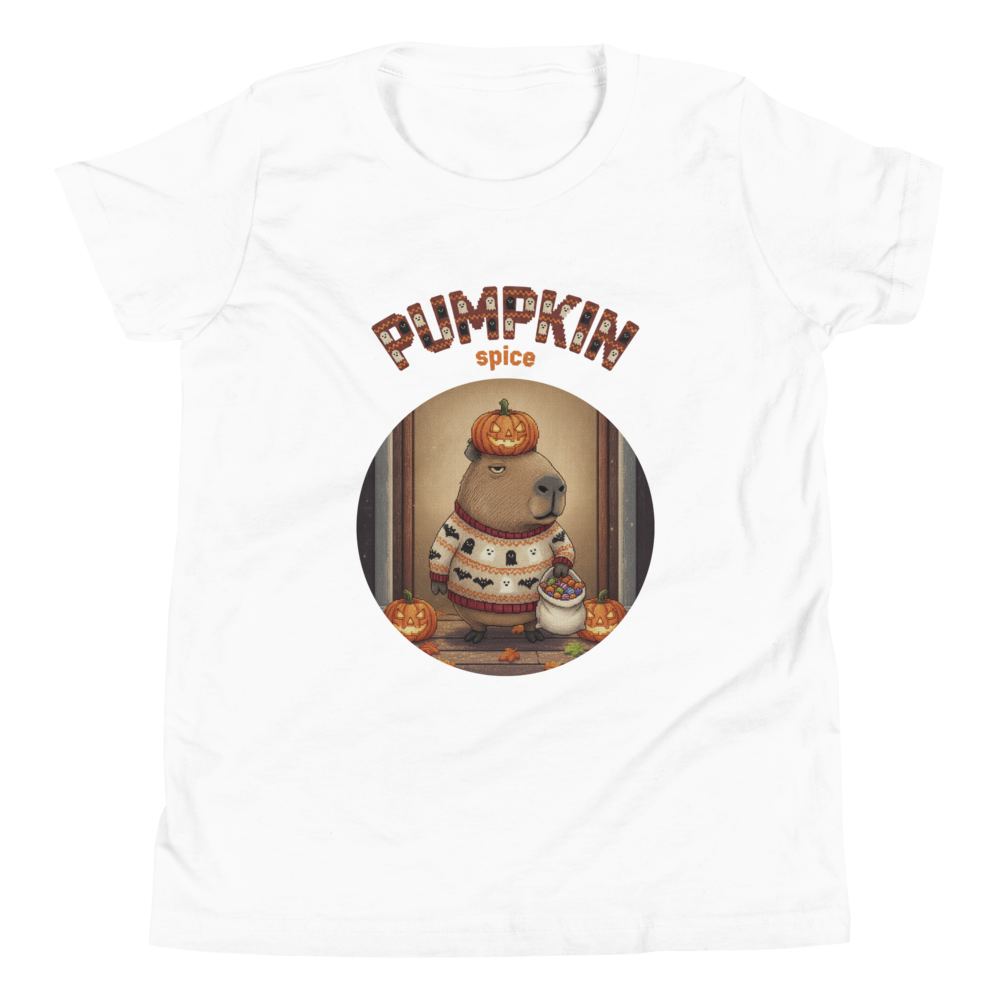Pumpkin Spice Capybara Kids' Halloween Ugly Tee — Pure White flat