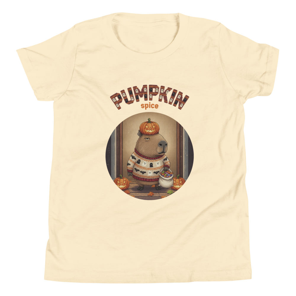 Pumpkin Spice Capybara Kids' Halloween Ugly Tee — Vintage White flat