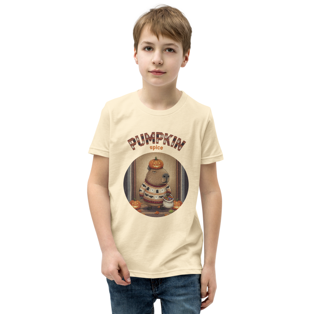 Pumpkin Spice Capybara Kids' Halloween Ugly Tee — Vintage White model