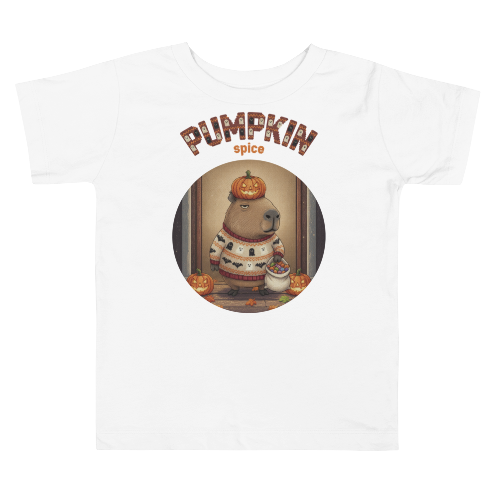 Pumpkin Spice Capybara Toddler Halloween Ugly Tee โ Pure White flat