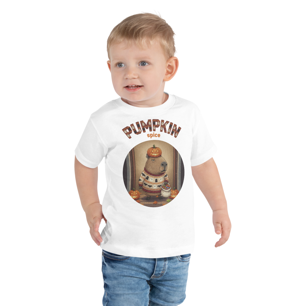 Pumpkin Spice Capybara Toddler Halloween Ugly Tee โ Pure White model