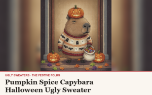 Pumpkin Spice Capybara ugly sweater article cover: the Pumpkin Spice Capybara character illustration, house title strip