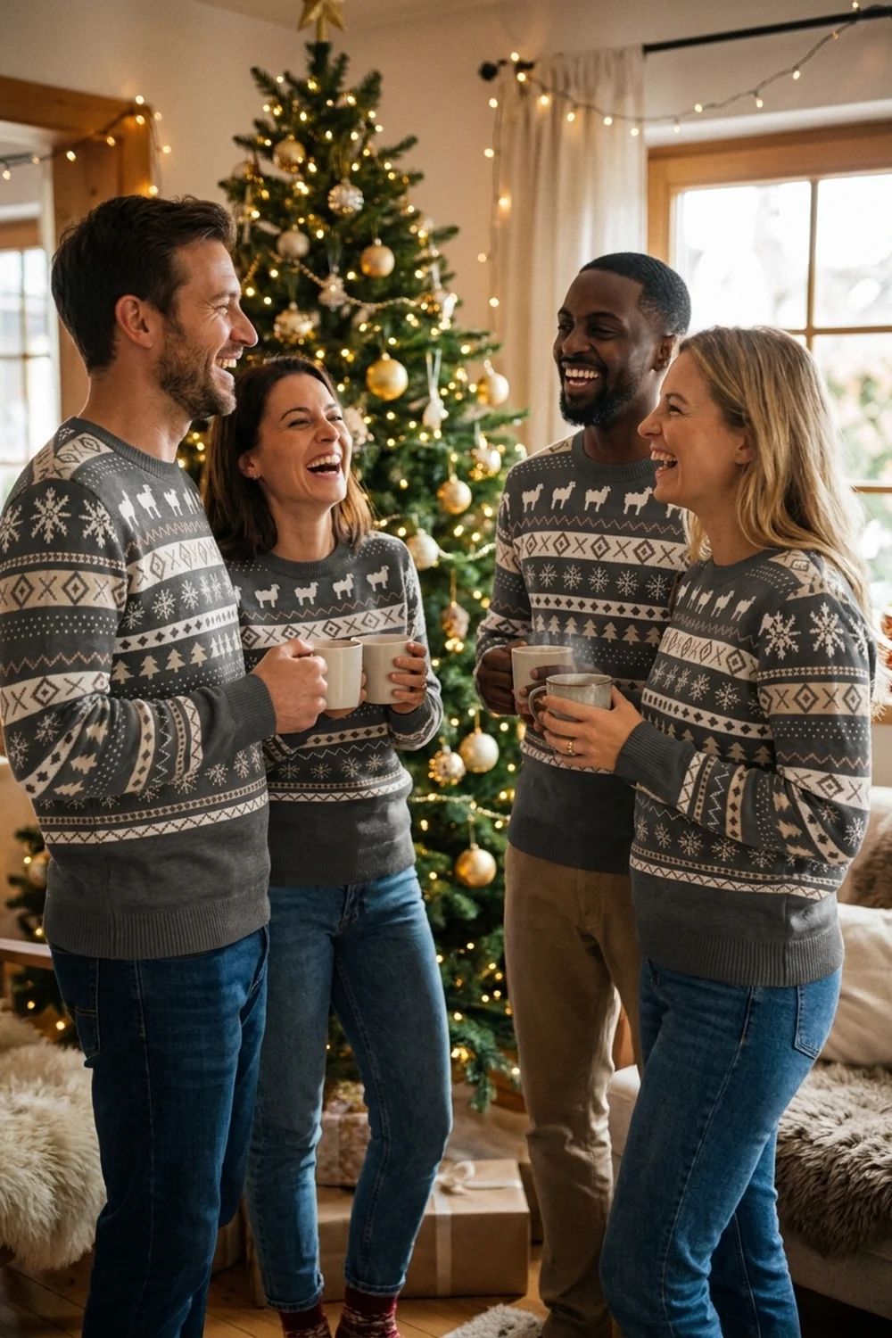 Four friends laughing over mugs of cocoa beside a lit Christmas tree, all wearing the charcoal and cream knitted Christmas sweater with sheep and snowflake bands