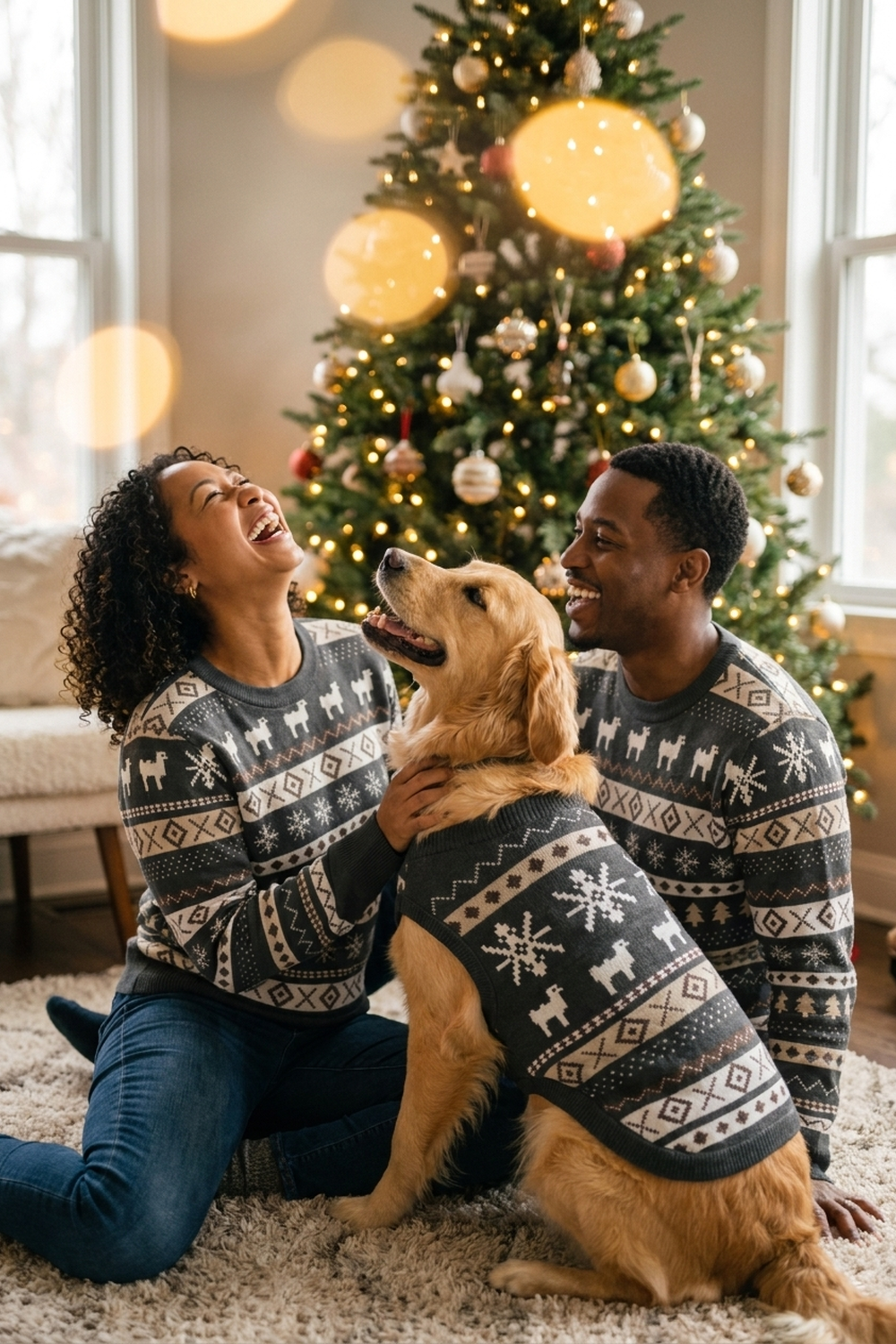 A couple sitting on a rug with a golden retriever, all three wearing matching charcoal and cream knitted Christmas sweaters, lit Christmas tree behind them