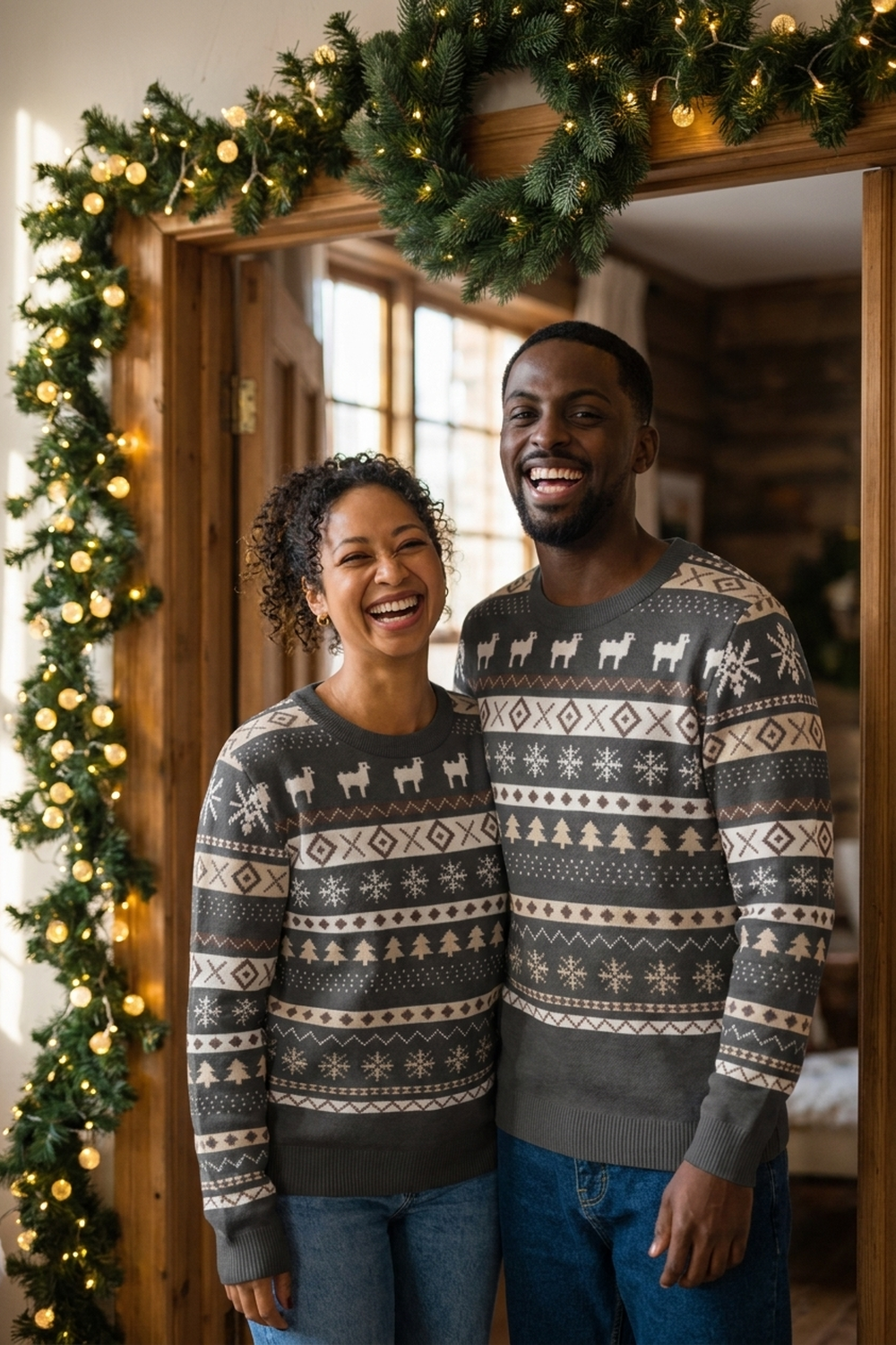 A couple laughing in a garland-framed doorway, both wearing the charcoal and cream knitted Christmas sweater with sheep and snowflake bands