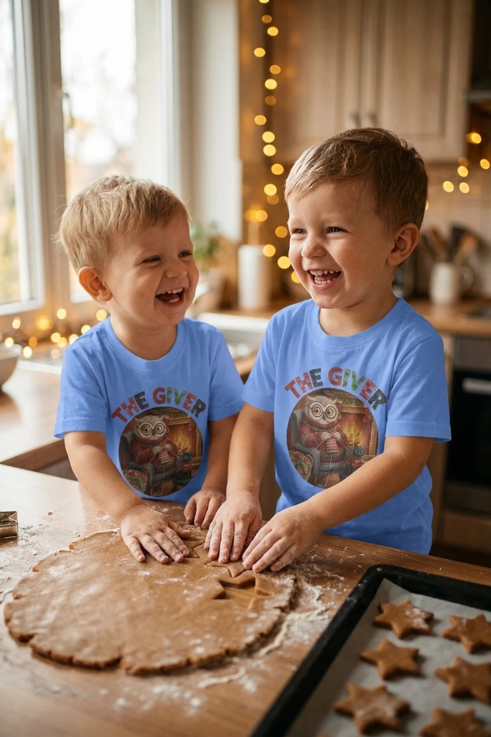 Two toddlers laughing while cutting gingerbread dough, both wearing the blue The Giver printed Christmas tee