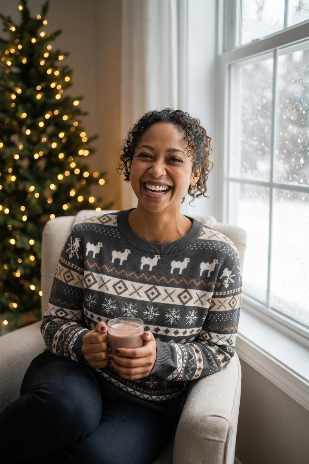 A woman laughing in an armchair by a snowy window with a mug of cocoa, wearing the charcoal and cream knitted Christmas sweater with sheep and snowflake bands