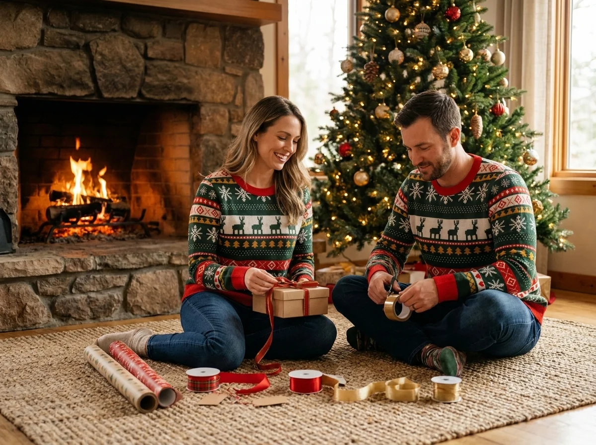 Reindeer Classic Knitted Christmas Sweater worn at a Christmas gathering