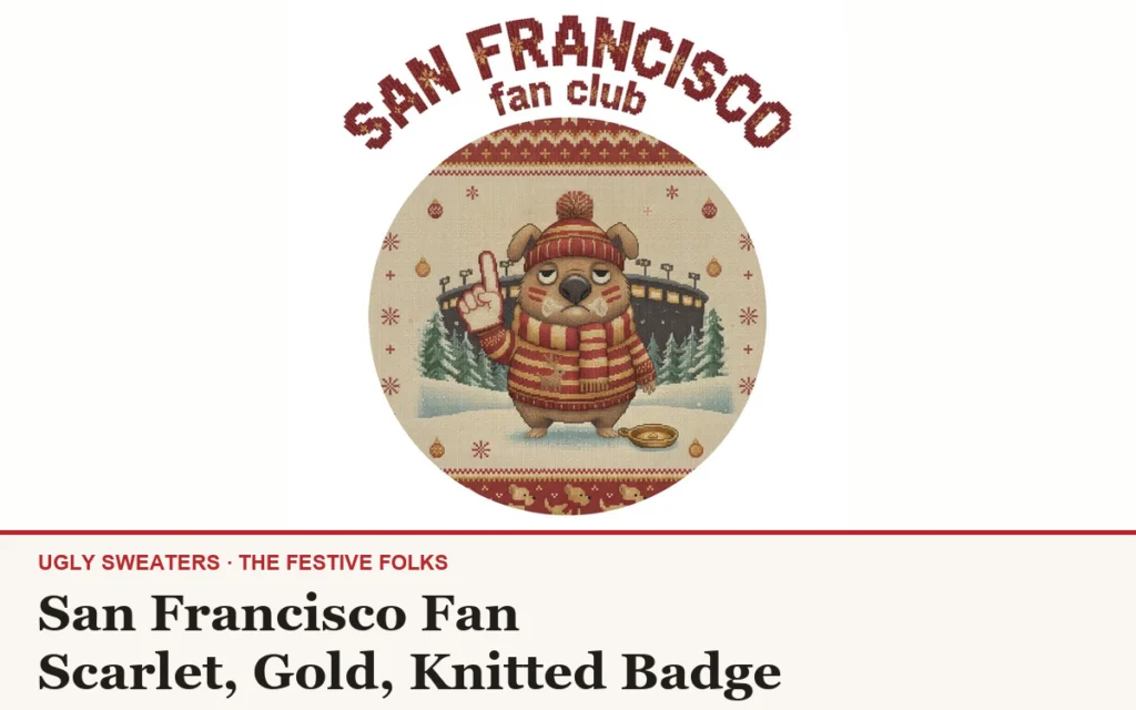 The San Francisco Fan character design, a deadpan scruffy dog superfan in scarlet and gold with a foam finger