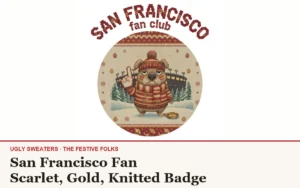 The San Francisco Fan character design, a deadpan scruffy dog superfan in scarlet and gold with a foam finger