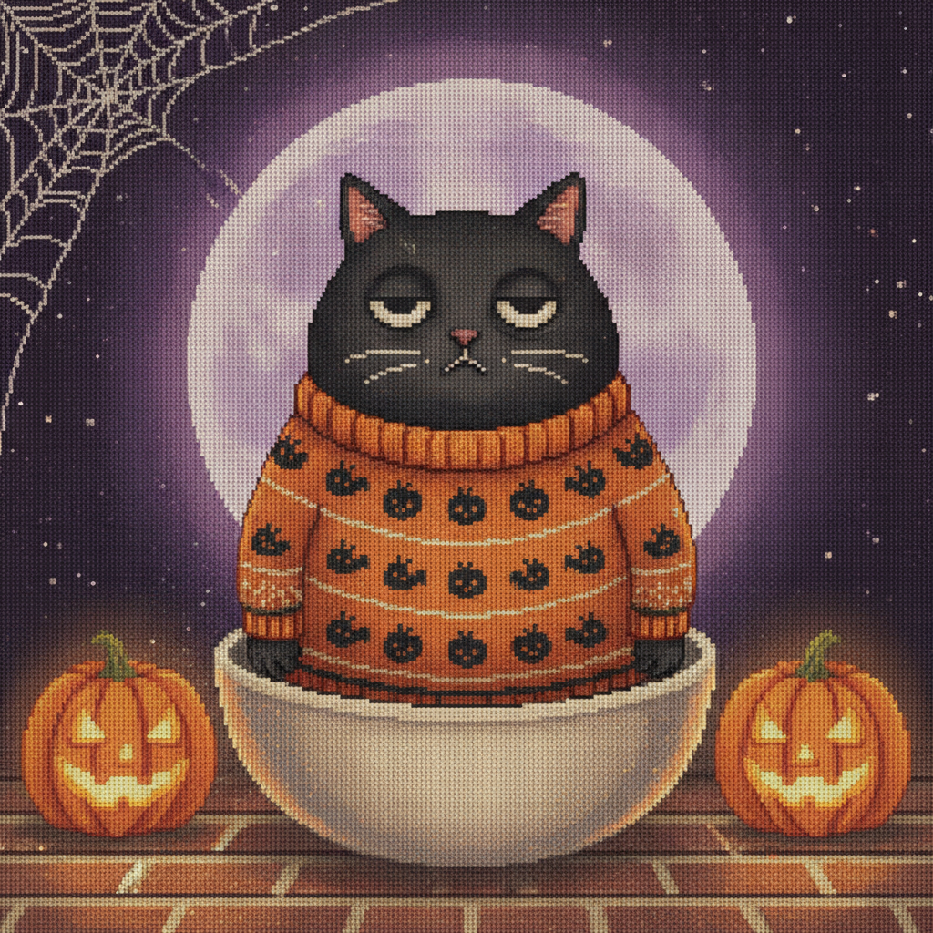 Scaredy Cat Halloween ugly sweater character art: a deadpan black cat in a pumpkin-and-bat sweater sitting inside the candy bowl under a full moon, jack-o-lanterns glowing on the brick step beside him