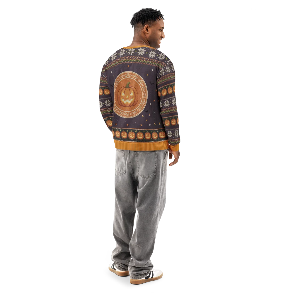 Scaredy Cat Halloween Ugly Sweatshirt, All-Over Print on male model, back