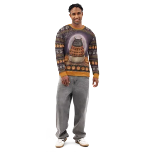 Scaredy Cat Halloween Ugly Sweatshirt, All-Over Print on male model, front