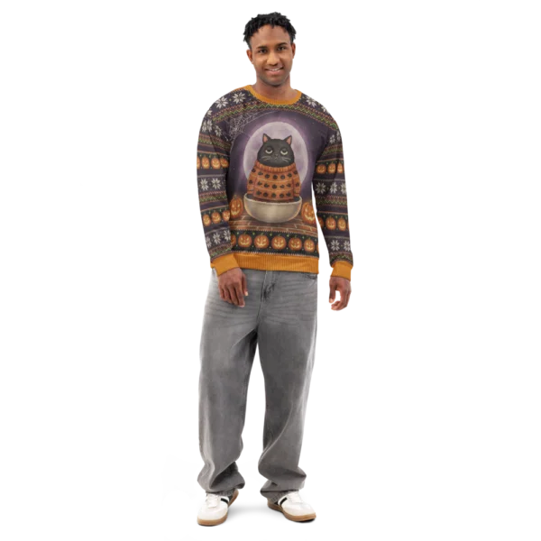 Scaredy Cat all-over-print sweatshirt on a model, front view