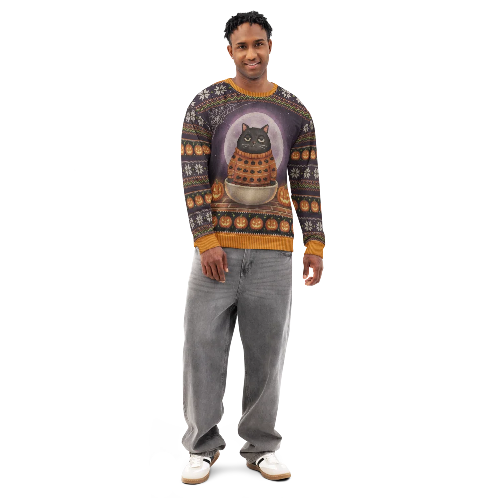 Scaredy Cat Halloween Ugly Sweatshirt, All-Over Print on male model, front