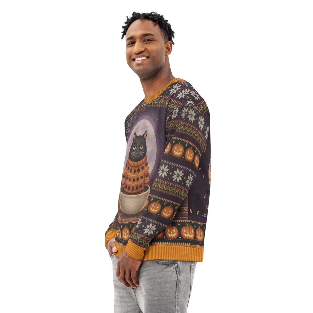 Scaredy Cat Halloween Ugly Sweatshirt, All-Over Print on male model, side