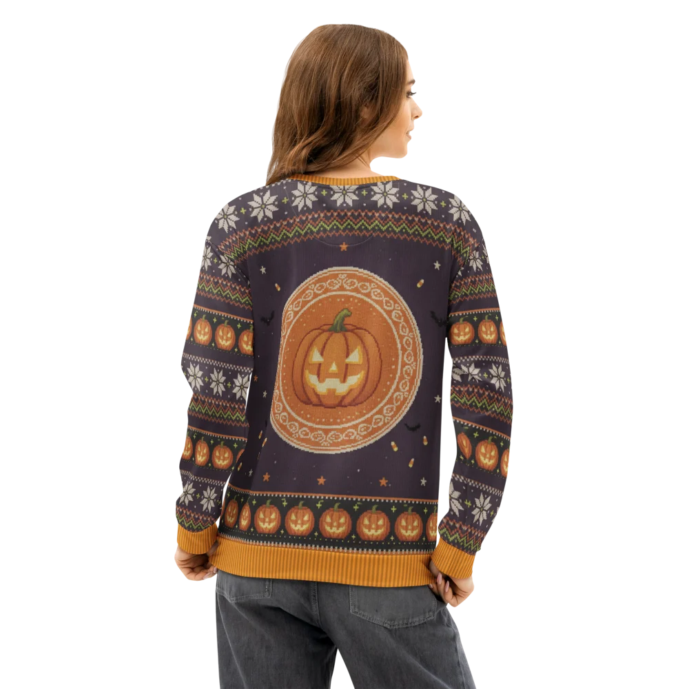 Scaredy Cat Halloween Ugly Sweatshirt, All-Over Print on female model, back