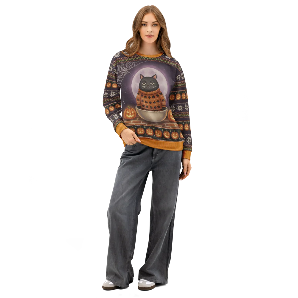 Scaredy Cat Halloween Ugly Sweatshirt, All-Over Print on female model, front