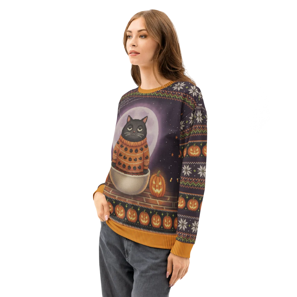 Scaredy Cat Halloween Ugly Sweatshirt, All-Over Print on female model, side