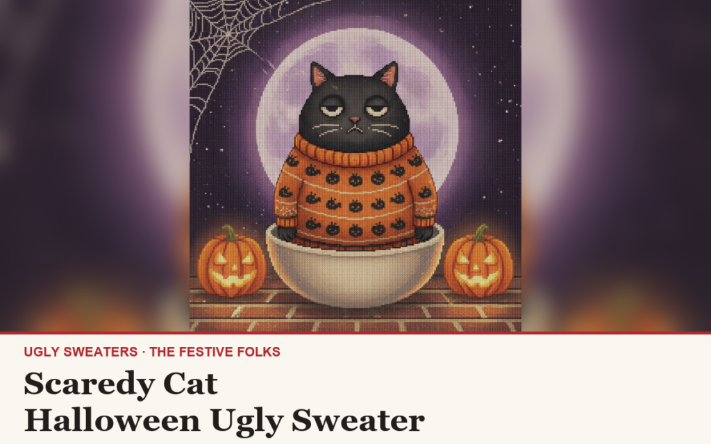 Scaredy Cat ugly sweater article cover: the Scaredy Cat character illustration, house title strip