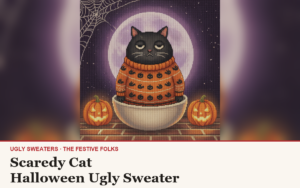 Scaredy Cat ugly sweater article cover: the Scaredy Cat character illustration, house title strip