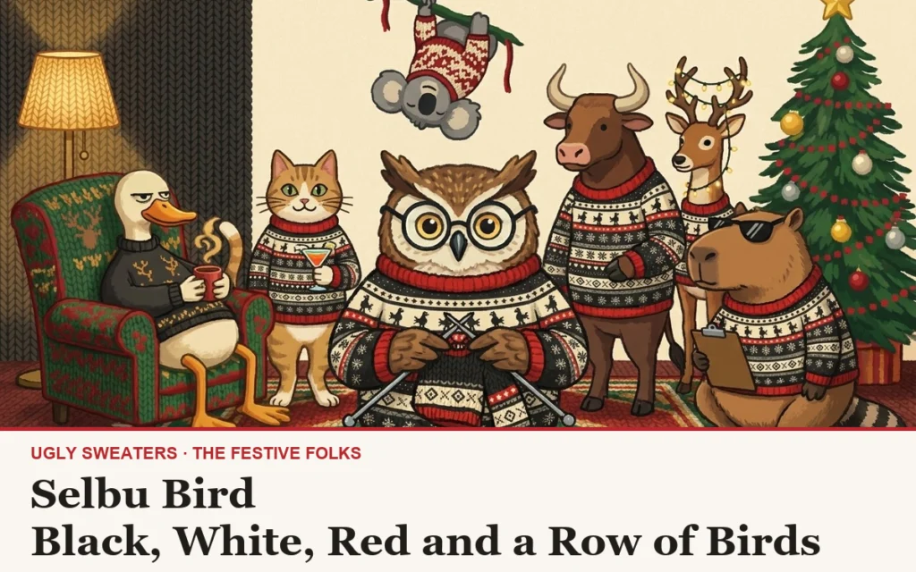 The Festive Folks cast, all wearing the Selbu Bird knitted Christmas sweater, in a warm lamplit living room