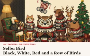 The Festive Folks cast, all wearing the Selbu Bird knitted Christmas sweater, in a warm lamplit living room