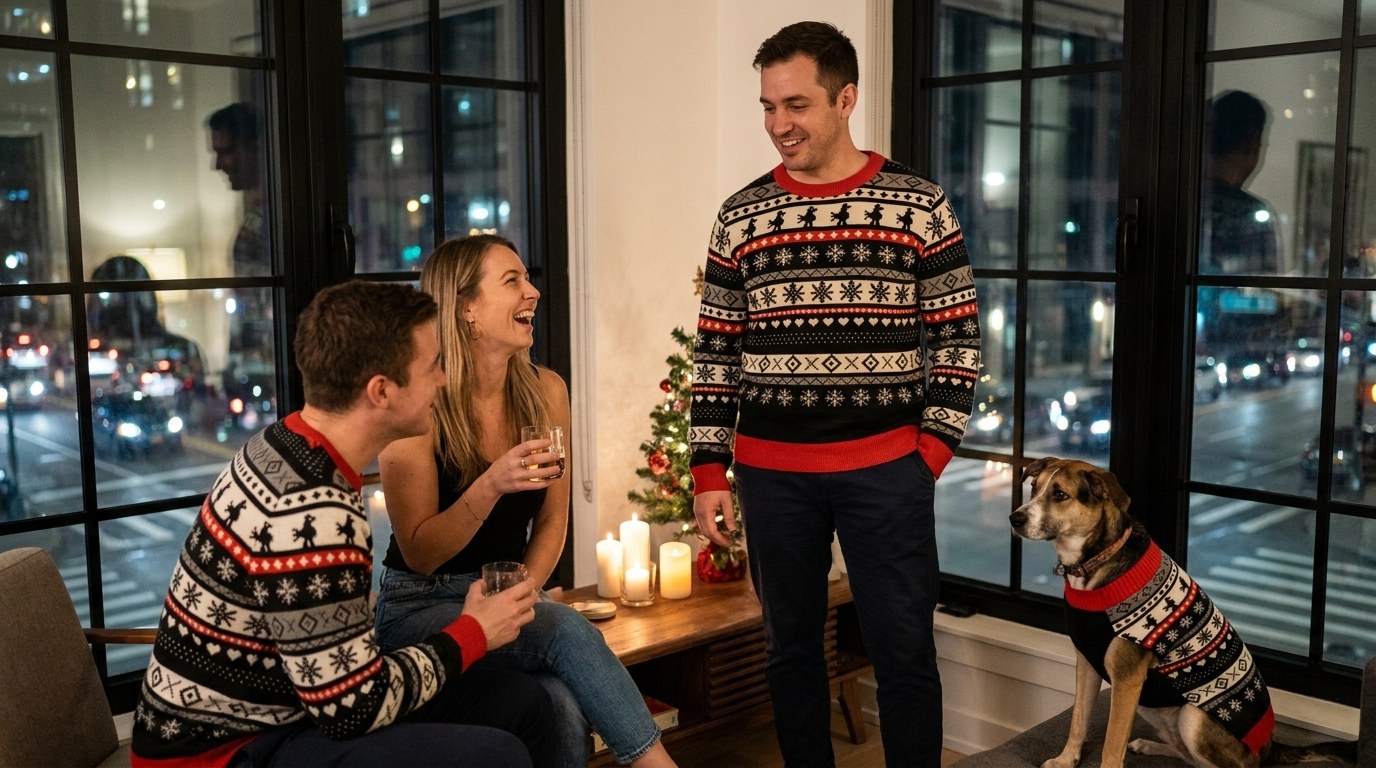 Friends at a night-time apartment party wearing the Selbu Bird knitted Christmas sweater, with a dog in the matching knitted pet sweater