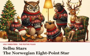The Festive Folks cast in knitted illustration style, all wearing Selbu Stars Knitted Christmas Sweater