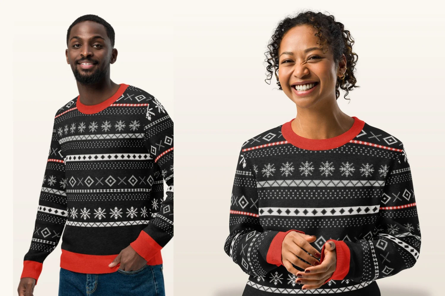 Two people wearing the Setesdal knitted Christmas sweater, the couples matching set