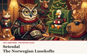 The Festive Folks cast in knitted illustration style, all wearing the Setesdal pattern, with the Owl front and centre holding knitting needles