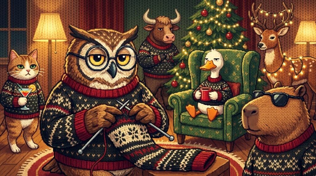 The Festive Folks cast in knitted illustration style, all wearing the Setesdal pattern, with the Owl front and centre holding knitting needles