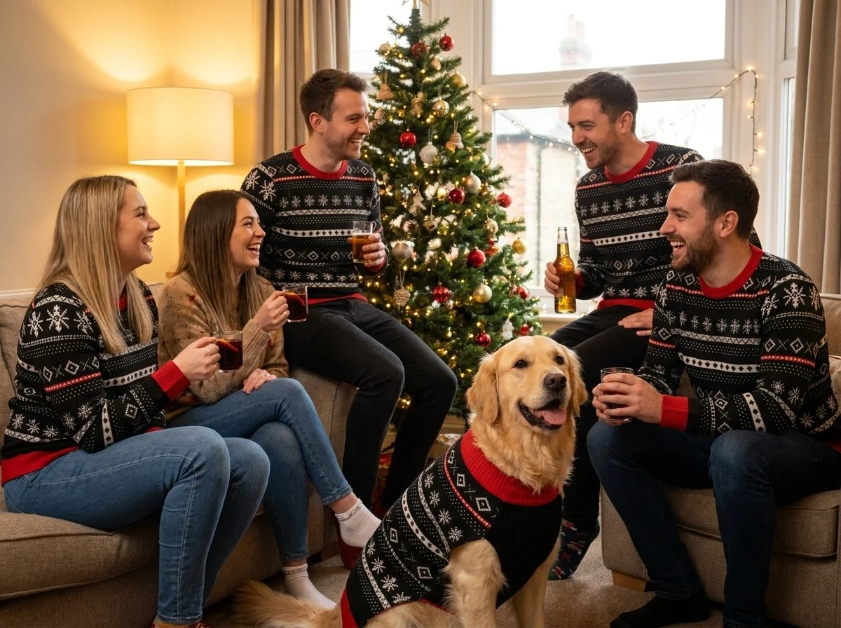 A group of friends at a Christmas party, several wearing the Setesdal knitted Christmas sweater, with a dog in the matching knitted pet sweater
