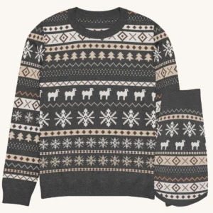 Icelandic Sheep matching set, the knitted Christmas sweater and the matching pet sweater side by side, charted sheep band in bone cream, charcoal, taupe and soil brown