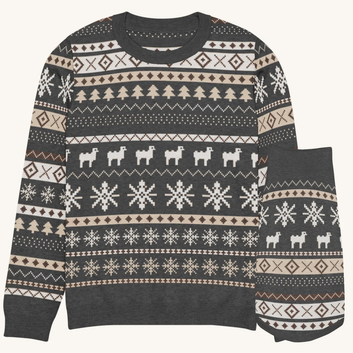 Icelandic Sheep matching set, the knitted Christmas sweater and the matching pet sweater side by side, charted sheep band in bone cream, charcoal, taupe and soil brown